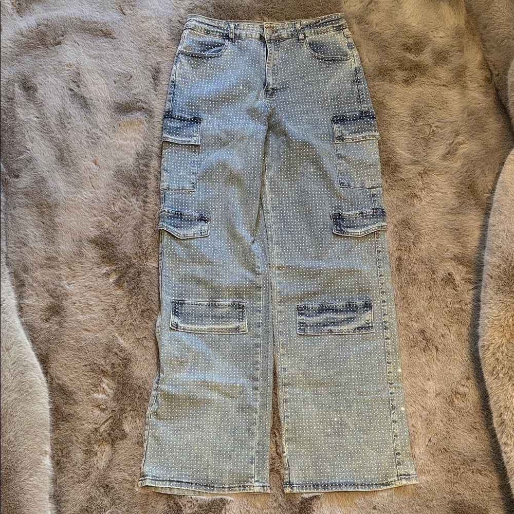 SHEIN rhinestone Straight Leg Jeans with Patch Details